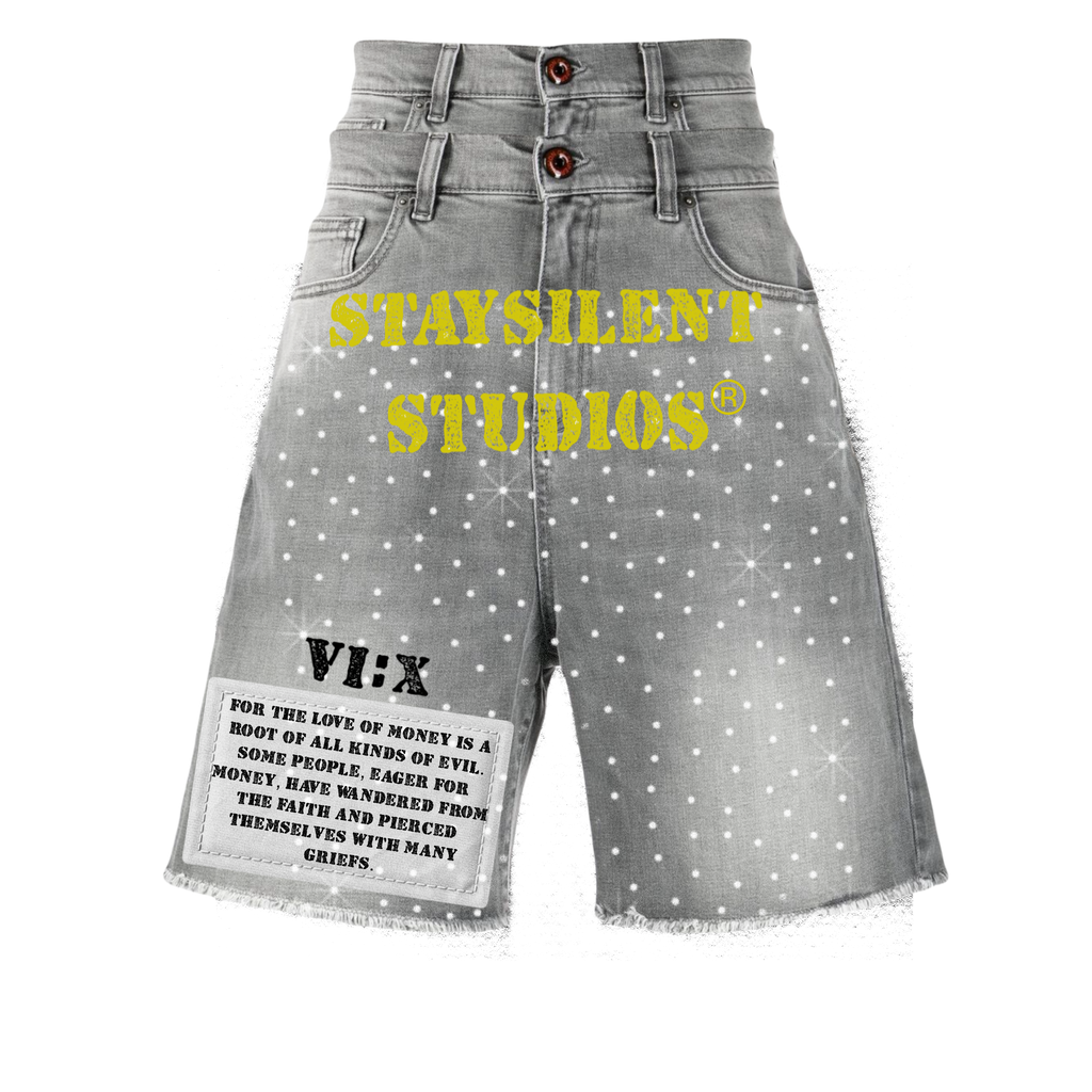“Root of Evil” graphic rhinestone double jorts