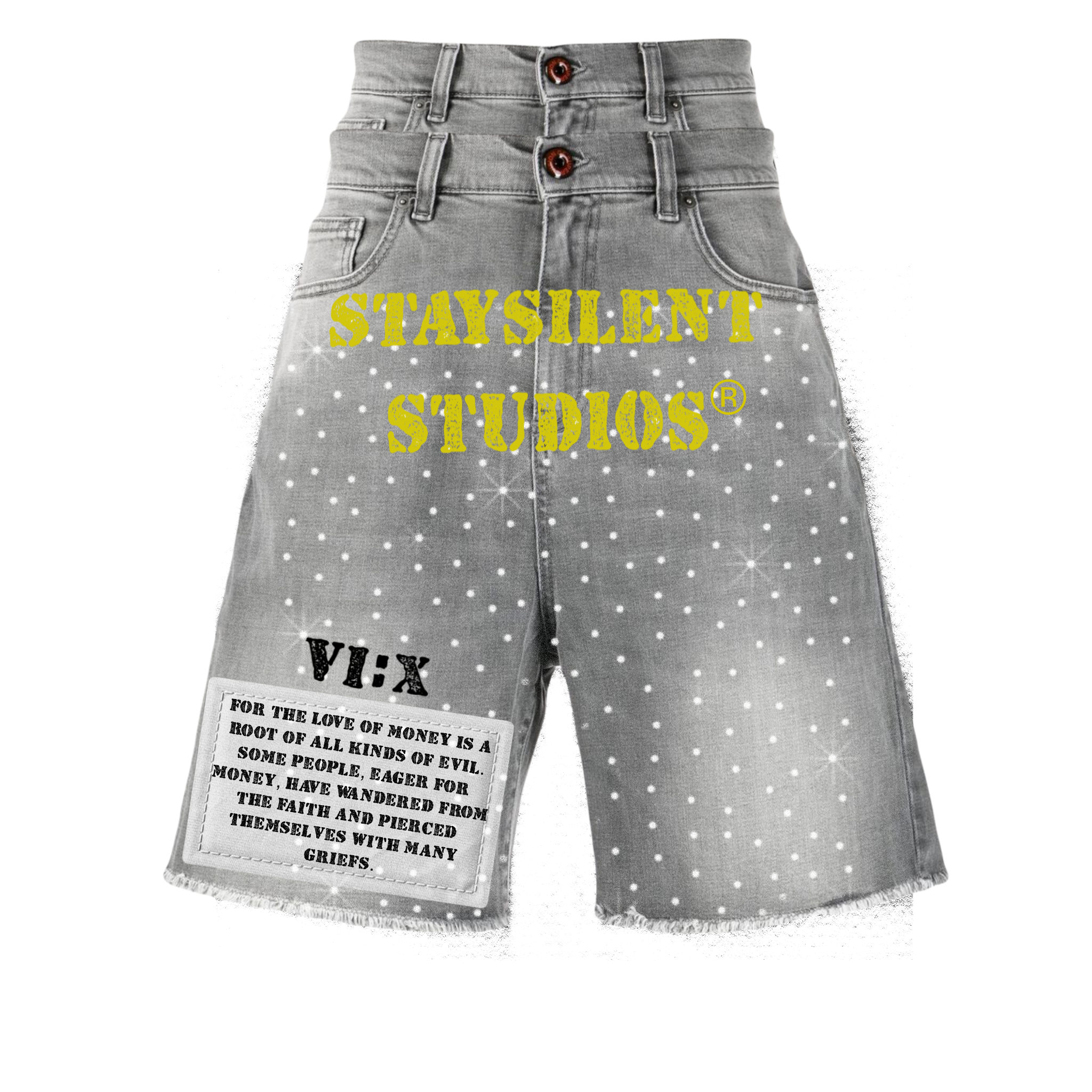 “Root of Evil” graphic rhinestone double jorts