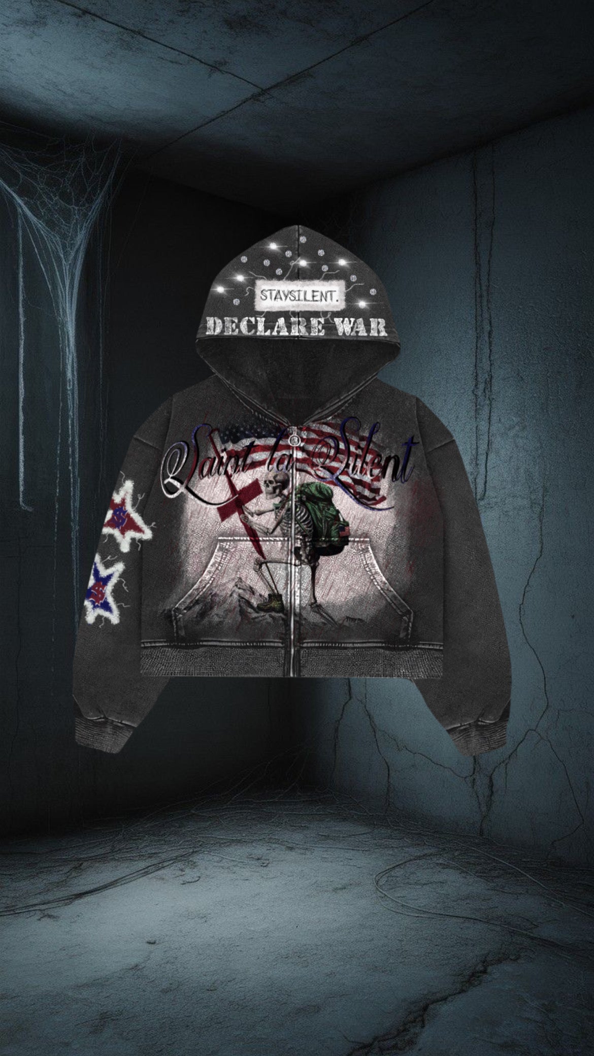 “DECLARE WAR” Grey Washed Full Zip Hoodie