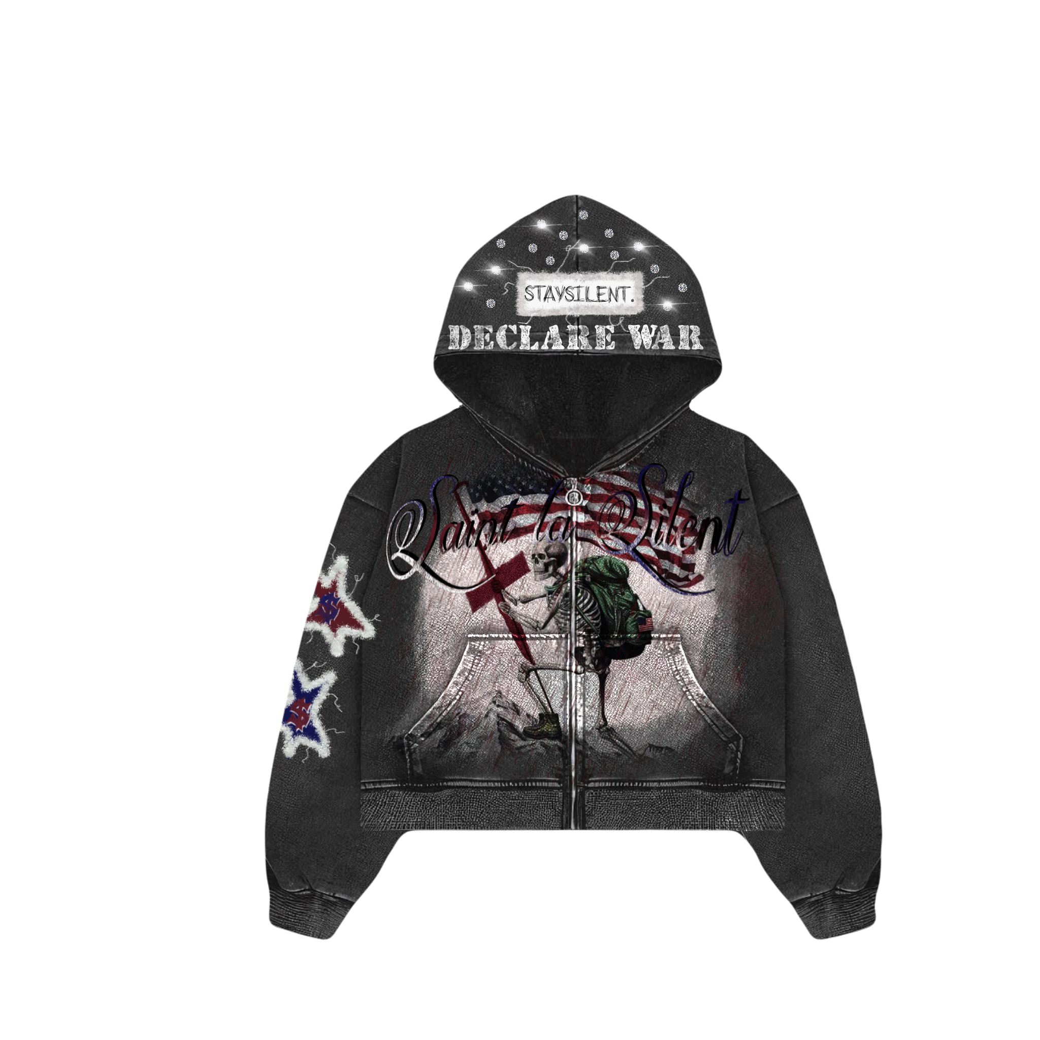 “Saint la Silent” Collection - “DECLARE WAR” Grey Washed Full Zip Hoodie