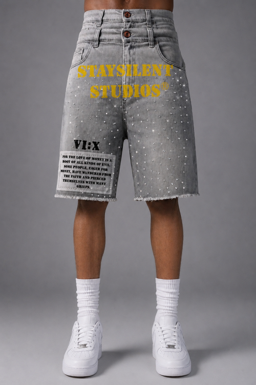 “Root of Evil” graphic rhinestone double jorts